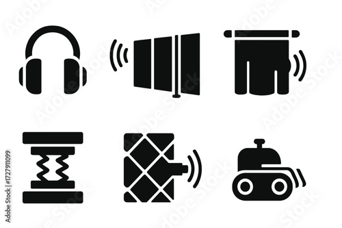 Noise Control Icons. Solid, filled icon set of noise prevention equipment: ear muffs, sound barriers, insulated walls, noise curtains, vibration dampers,
