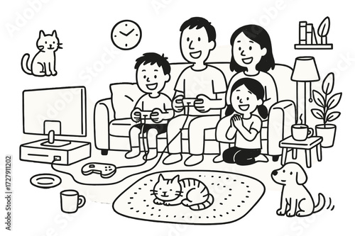 Family Gaming Fun. Hand-drawn doodle illustration [Family playing video games] [TV, game console, controller, sofa, rug, family members, cat, dog, cup, plate,