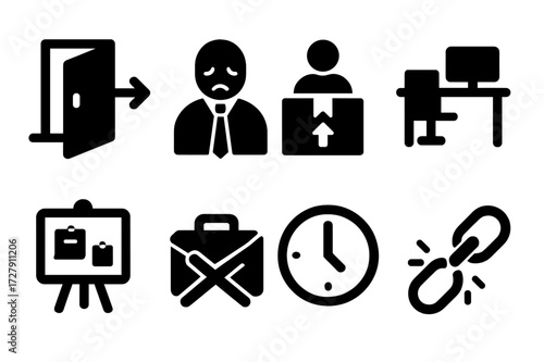 Layoff Icon Set. Solid, filled icon set of layoffs: exit door, sad worker, severance package, empty cubicle, notice board, crossed briefcase, clock stopped,