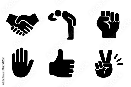 Noble Gesture Icons. Solid, filled icon set of noble gestures: handshake, bow, salute, raised fist, open palm, thumbs up, peace sign, clapping hands. Solid,