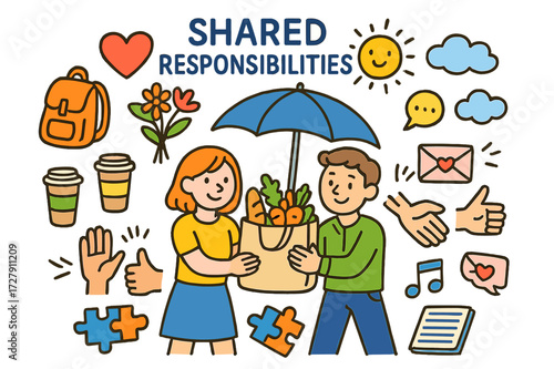 Shared Responsibilities Icons. Shared responsibilities. Colorful Hand-drawn doodle Children illustration Couple carrying groceries, heart symbol, backpack,