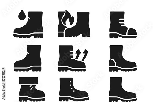 Boot Feature Icons. Solid, filled icon set of boot features: waterproof, insulated, steel toe, slip resistant, breathable, reinforced, cushioned, high ankle.