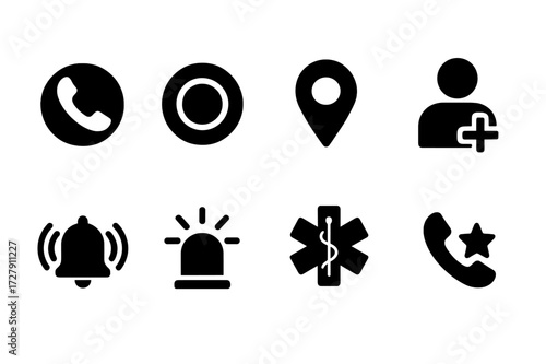 Emergency Icon Set. Solid, filled icon set of call emergencies: SOS call, emergency button, location sharing, emergency contacts, alarm, siren, medical alert,