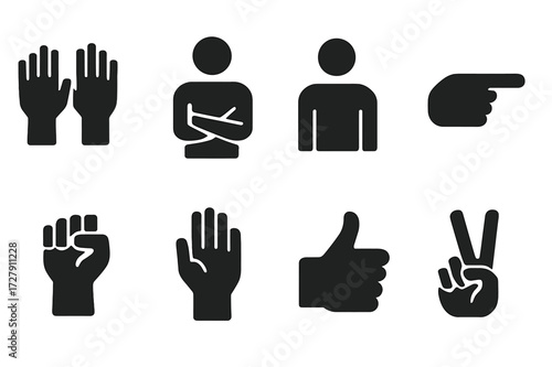 Body Gesture Icons. Solid, filled icon set of naked body gestures: open palms, crossed arms, pointing finger, raised hand, clenched fist, waving hand, thumbs