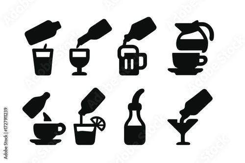 Beverage Pour Icons. Solid, filled icon set of pour beverage types: water pour, wine pour, beer pour, coffee pour, tea pour, juice pour, syrup pour, cocktail