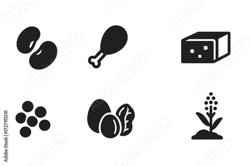 Protein Sources Icons. Solid, filled icon set of protein sources: fava beans, chicken drumstick, fish, tofu, lentils, eggs, nuts, quinoa. [Line icons in only