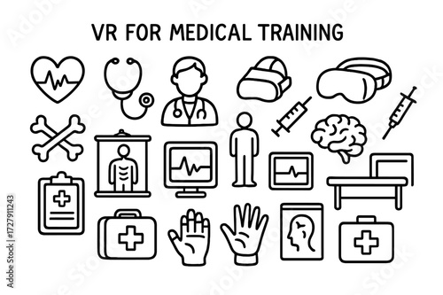 Medical VR Doodle. Hand-drawn doodle illustration [VR for medical training] [heart icon, stethoscope, doctor avatar, syringe, headset, brain model, bones,