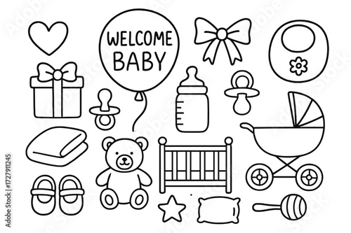 Welcome Baby Doodle. Hand-drawn doodle illustration Welcome baby balloon, bow, gift box, pacifier, bottle, bib, blanket, teddy bear, crib, stroller, baby
