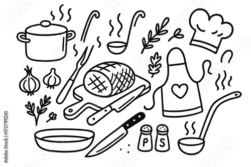 Kitchen Roast Beef Prep. Hand-drawn doodle illustration Kitchen preparation roast beef, cutting board, carving knife, fork, pot, pan, onion, garlic, herbs,