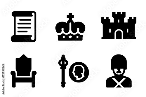 Dynasty Icon Collection. Solid, filled icon set of dynasty history: ancient scroll, royal crown, family crest, historic castle, throne, scepter, old coin,