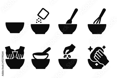 Bowl Preparation Icons. Solid, filled icon set of bowl preparations: mixing bowl, pouring ingredients, stirring, whisking, kneading dough, serving, garnishing,