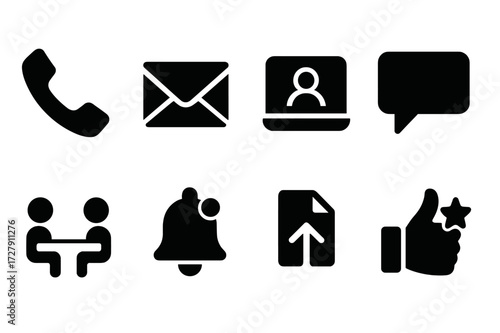 Communication Icons Grid. Solid, filled icon set of deal communication: phone call, email, video conference, chat bubble, meeting, notification, document