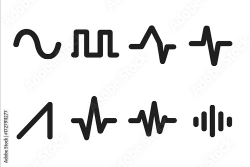 Pulse Wave Icons. Solid, filled icon set of pulse waves types: sine wave, square wave, triangle wave, pulse wave, sawtooth wave, modulated wave, heartbeat