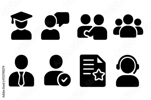 Assignment Participants Icons. Solid, filled icon set of assignment participants: student, teacher, mentor, team, client, supervisor, reviewer, assistant.