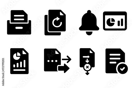 Agreement Management Icons. Solid, filled icon set of agreement management: document storage, version control, reminders, dashboard, report, file sharing,