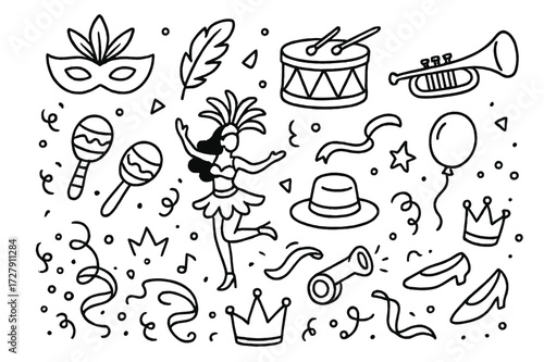 Carnival Celebration Icons. Hand-drawn doodle illustration Carnival parade mask, feather, drum, trumpet, dancer, maraca, hat, whistle, tambourine, ribbon,