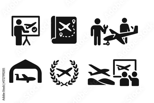 Glider Club Icon Set. Solid, filled icon set of glider club activities: briefing, flight planning, maintenance, ground crew, hangar, competition, cross-country