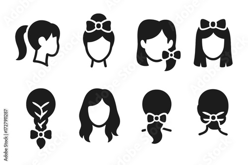 Bow Hairstyle Icons. Solid, filled icon set of bow hairstyles: bow ponytail, bow bun, side bow, headband bow, braided bow, loose hair bow, low bow, twisted
