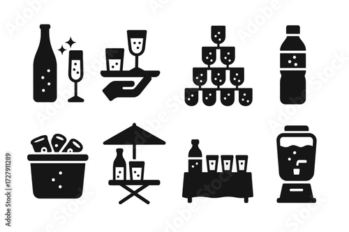 Sparkling Water Icons. Solid, filled icon set of sparkling water at events: champagne alternative, refreshment tray, glass pyramid, cooler full of cans, casual