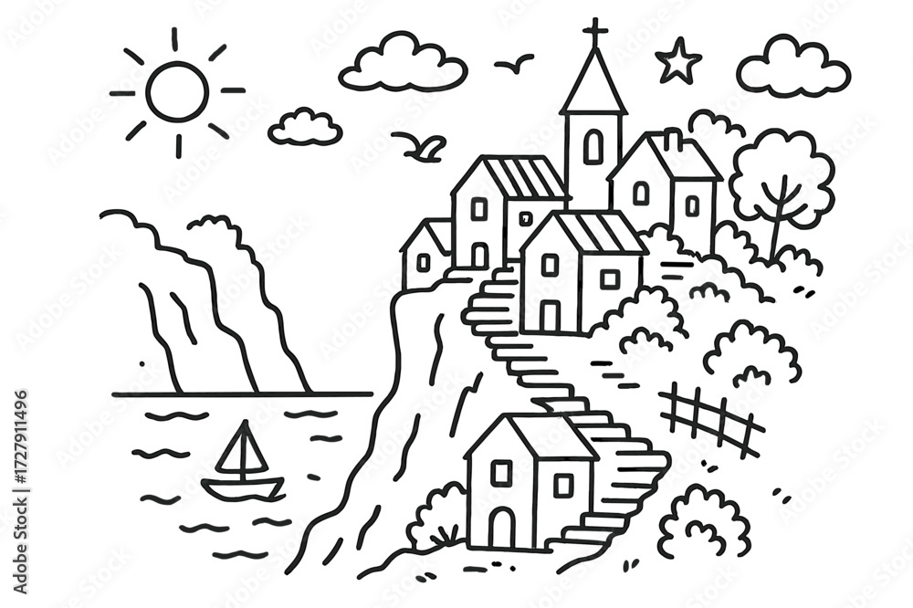 Fototapeta premium Cliffside Village Doodle. Hand-drawn doodle illustration Cliffside village [cliff houses, stairs, window, roof, tree, bush, cloud, sun, bird, church tower,