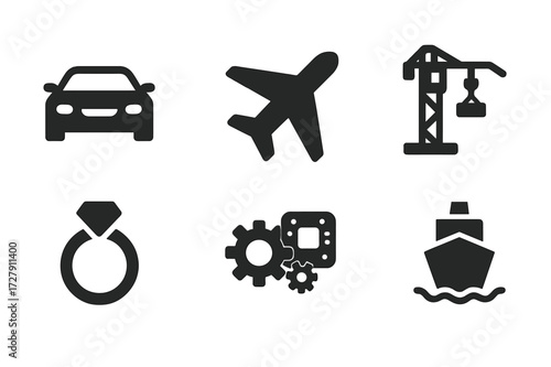 Metal Industry Icons. Solid, filled icon set of metal industries: automotive, aerospace, construction, electronics, jewelry, machinery, shipbuilding,