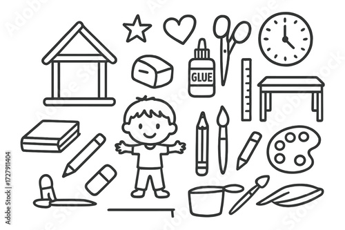 School Craft Doodle. Hand-drawn doodle illustration School craft project popsicle sticks, house, glue stick, scissors, ruler, book, pencil, eraser, child