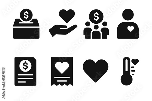 Charity Icons Set. Solid, filled icon set of charitable funds: donation box, charity hand, fundraising event, volunteer icon, grant application, donation