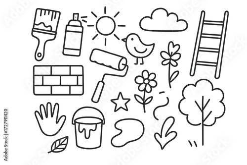 Outdoor Art Tools. Hand-drawn doodle illustration Outdoor mural paintbrush, spray can, roller brush, brick wall, ladder, sun, cloud, bird, flower, star, paint