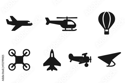 Flight Vehicle Icons. Solid, filled icon set of flight vehicles: airplane, helicopter, glider, hot air balloon, drone, jet, biplane, hang glider. Solid, filled