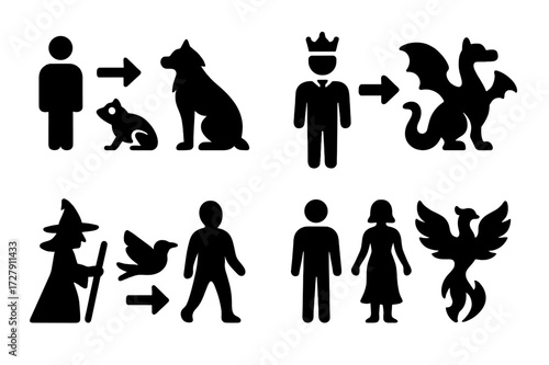 Magical Transformation Icons. Solid, filled icon set of magical transformations: human to wolf, frog to prince, cat to dragon, witch to bird, shadow to form,