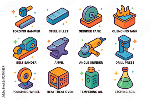 Knife Crafting Tools Icons. Colorful isometric vector icons set of Knife Crafting Tools: forging hammer, steel billet, grinder wheel, quenching tank, belt