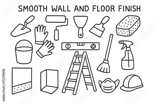 Construction Tools Doodle. Hand-drawn doodle illustration Smooth wall and floor finish [trowel, roller, scraper, sponge, bucket, gloves, level tool, measuring