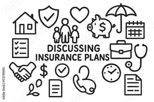 Family Insurance Doodle. Hand-drawn doodle illustration Discussing insurance plans for the family family silhouette, house, shield, heart, piggy