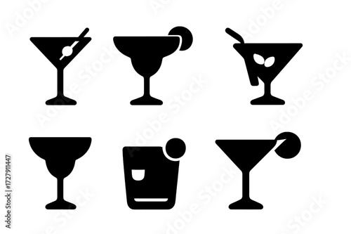 Cocktail Icon Grid. Solid, filled icon set of shaker cocktail types: martini, margarita, mojito, cosmopolitan, daiquiri, whiskey sour, sidecar, gimlet. Solid,