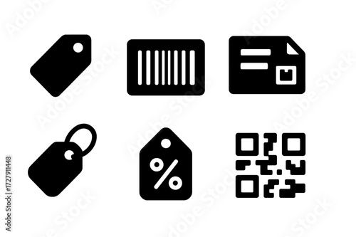 Label Icon Set. Solid, filled icon set of label: price tag, barcode, shipping label, product sticker, QR code, adhesive label, tag with string, discount tag.