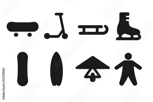 Glide Vehicles Icons. Solid, filled icon set of glide vehicles: skateboard, scooter, sled, ice skate, snowboard, surfboard, hang glider, wingsuit. Solid,