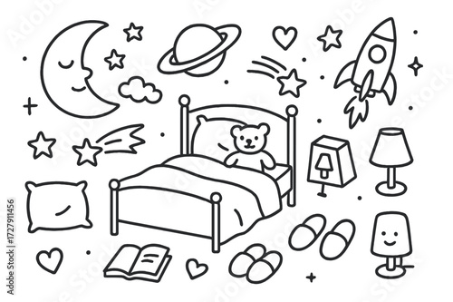 Dreamy Night Doodle. Hand-drawn doodle illustration Dreamy night sky moon, star, cloud, shooting star, planet, rocket, heart, pillow, bed, teddy bear, blanket,