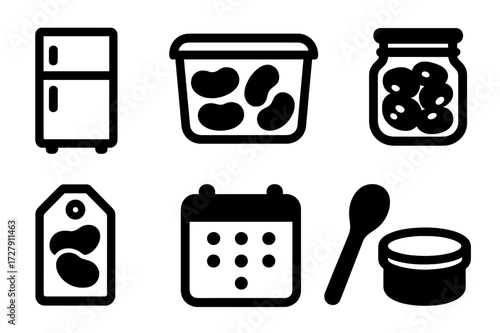 Boiled Bean Storage Icons. Solid, filled icon set of boiled bean storage: refrigerator, airtight container, freezer bag, glass jar, label tag, calendar, spoon,