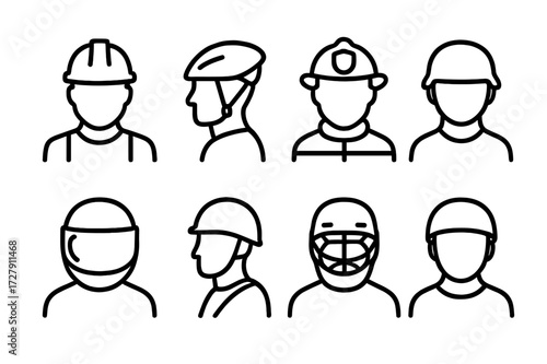 Helmet Icon Set. Outline icon set of helmet users: construction worker, cyclist, firefighter, soldier, motorcyclist, climber, hockey player, skateboarder. Line