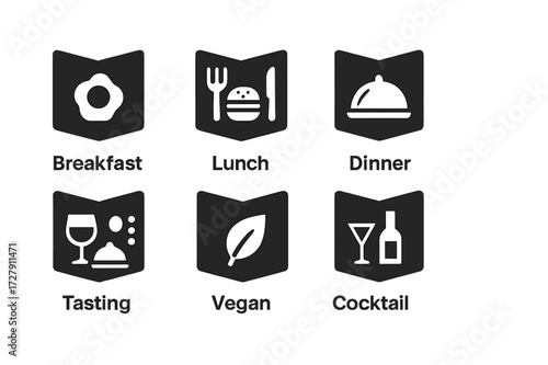 Menu Icon Grid. Solid, filled icon set of menu types: breakfast menu, lunch menu, dinner menu, buffet menu, tasting menu, vegan menu, cocktail menu, wine list.