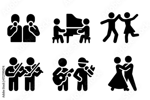 Duet Icons Grid. Solid, filled icon set of duet performances: singing duo, piano duet, dance partners, violin duet, guitar duo, comedy pair, rap duo, ballroom