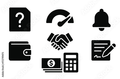 Unsecured Loan Icons. Solid, filled icon set of unsecured loan request: document with question mark, credit score, wallet, handshake, money stack, calculator,