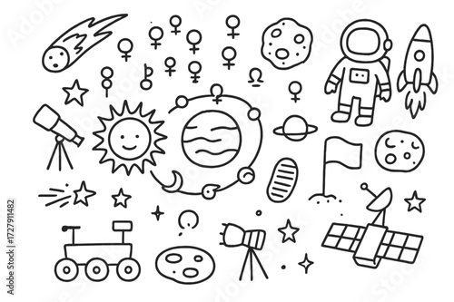 Solar System Doodle. Hand-drawn doodle illustration Solar system symbols sun, planets, orbit line, comet, asteroid, rocket, astronaut, rover, telescope,