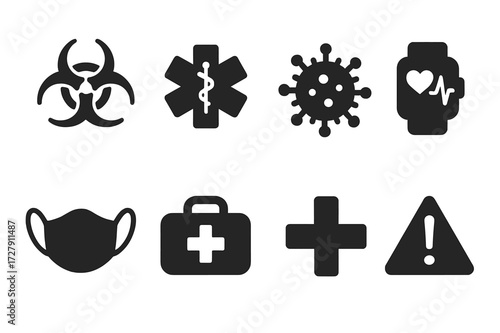 Health Risk Icons. Solid, filled icon set of health risk: biohazard symbol, medical alert, virus icon, health monitoring, protective mask, first aid kit,