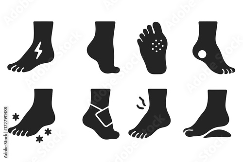 Foot Health Icons. Solid, filled icon set of feet health: plantar fasciitis, bunion, callus, blister, athlete?s foot, sprain, swelling, arch support. Solid,