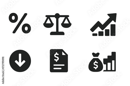 Loan Interest Icons. Solid, filled icon set of loan interest: percentage sign, rate scale, compounding graph, APR icon, interest arrow, fee document, loan