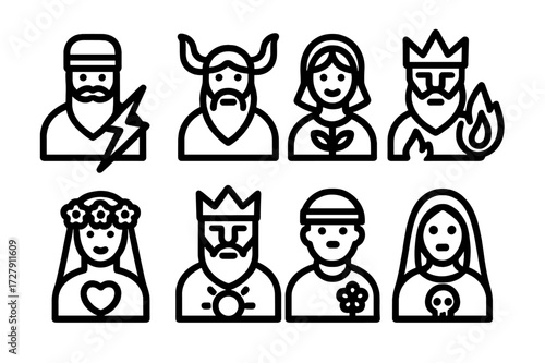 Slavic Pagan Gods Icons. Solid, filled icon set of Slavic pagan gods: Perun (thunder god), Veles (god of underworld), Mokosh (goddess of fertility), Svarog