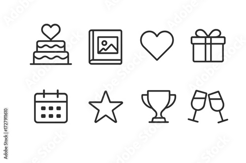 Marriage Milestones Icons. Outline icon set of marriage milestones: anniversary cake, photo album, heart, gift box, calendar, star, trophy, champagne glasses.