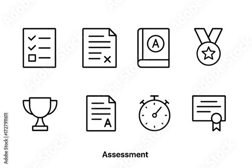 Assessment Icon Set. Outline icon set of assessment: checklist, exam paper, grade book, medal, trophy, report card, stopwatch, certificate. Line icons in only