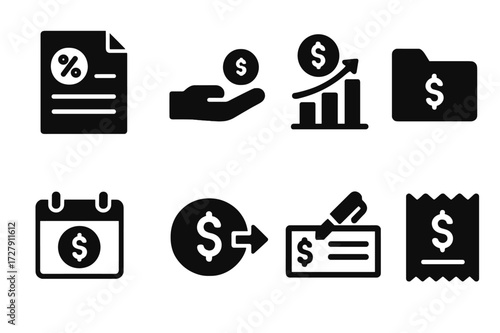 Interest Icons Grid. Solid, filled icon set of interest income: tax document, payment icon, passive income chart, earnings folder, interest calendar, payout